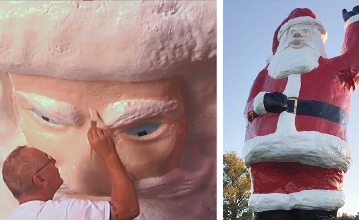 Photos of Ron McKeethen restoring the 32-foot Santa of Evansville, Indiana