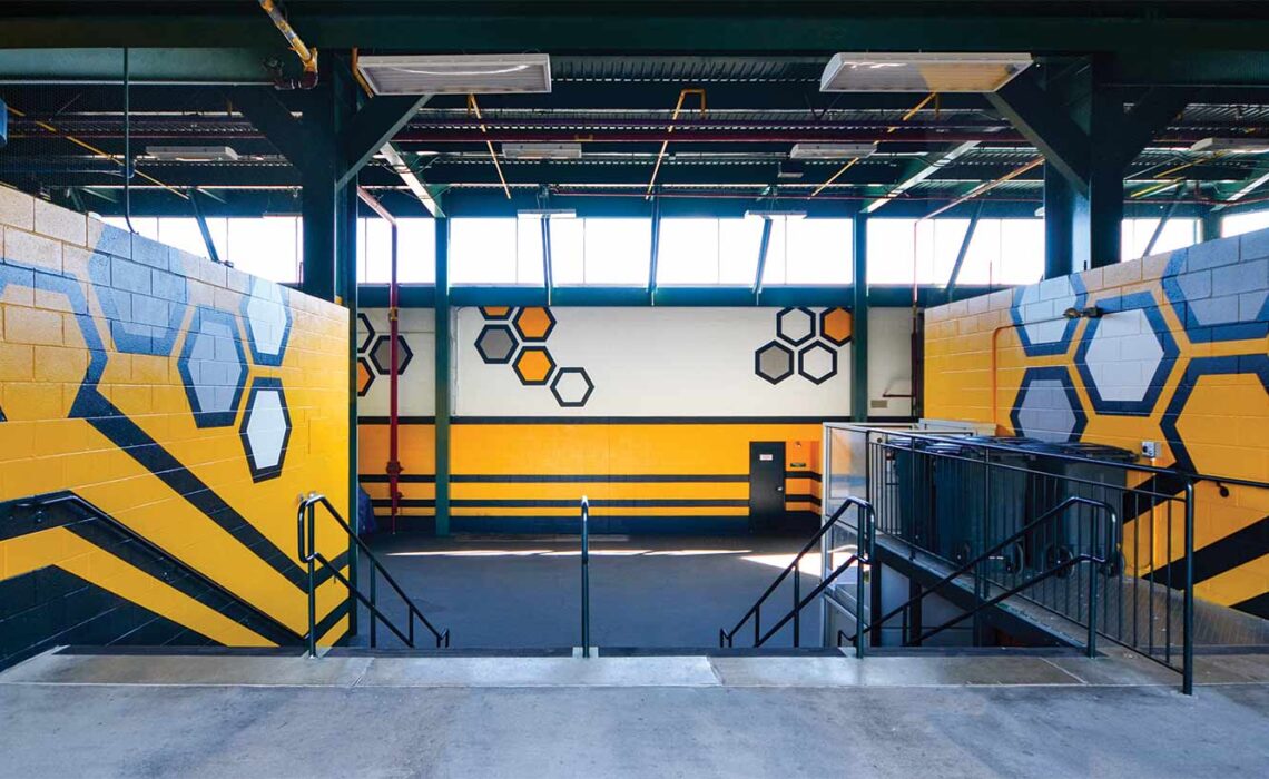 the New Britain Bees minor-league baseball stadium sporting a complex white, yellow, and black color scheme