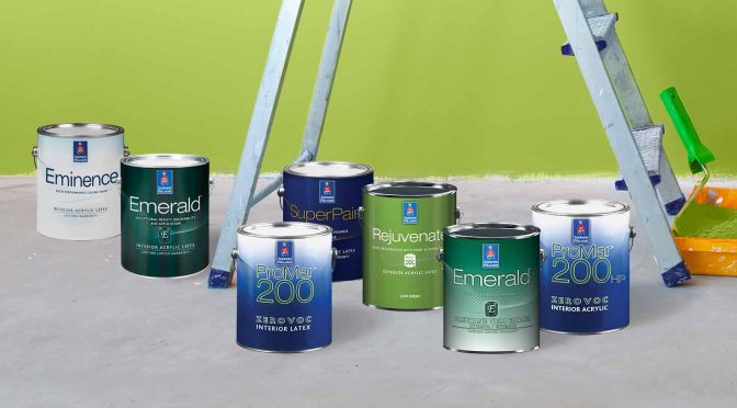 lineup of sherwin williams high-performance coatings, including zero VOC, Emerald, Pro Industrial, ProMar 200, SuperPaint, and Rejuvenate