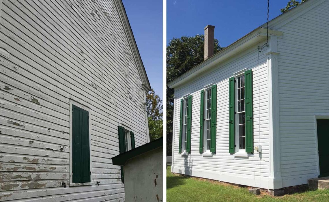 before and after photos of a 200-year-old church exterior in dire need of restoration