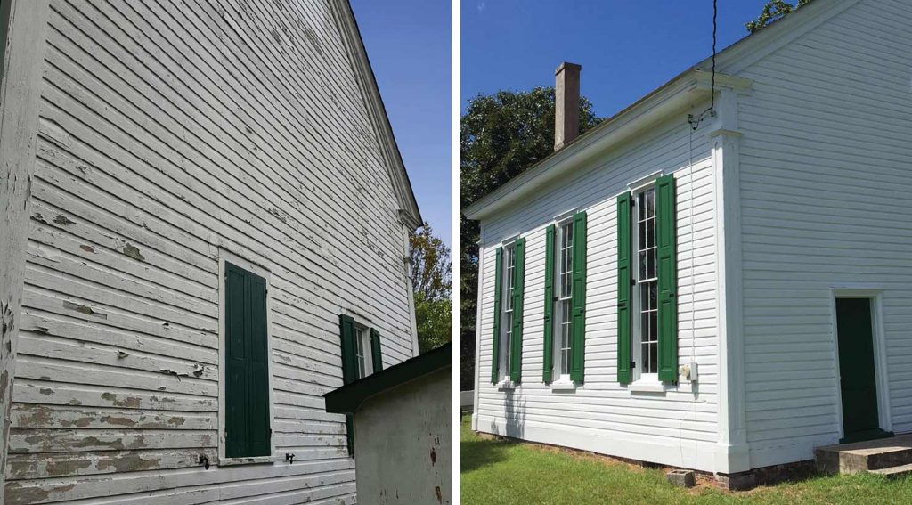 before and after photos of a 200-year-old church exterior in dire need of restoration