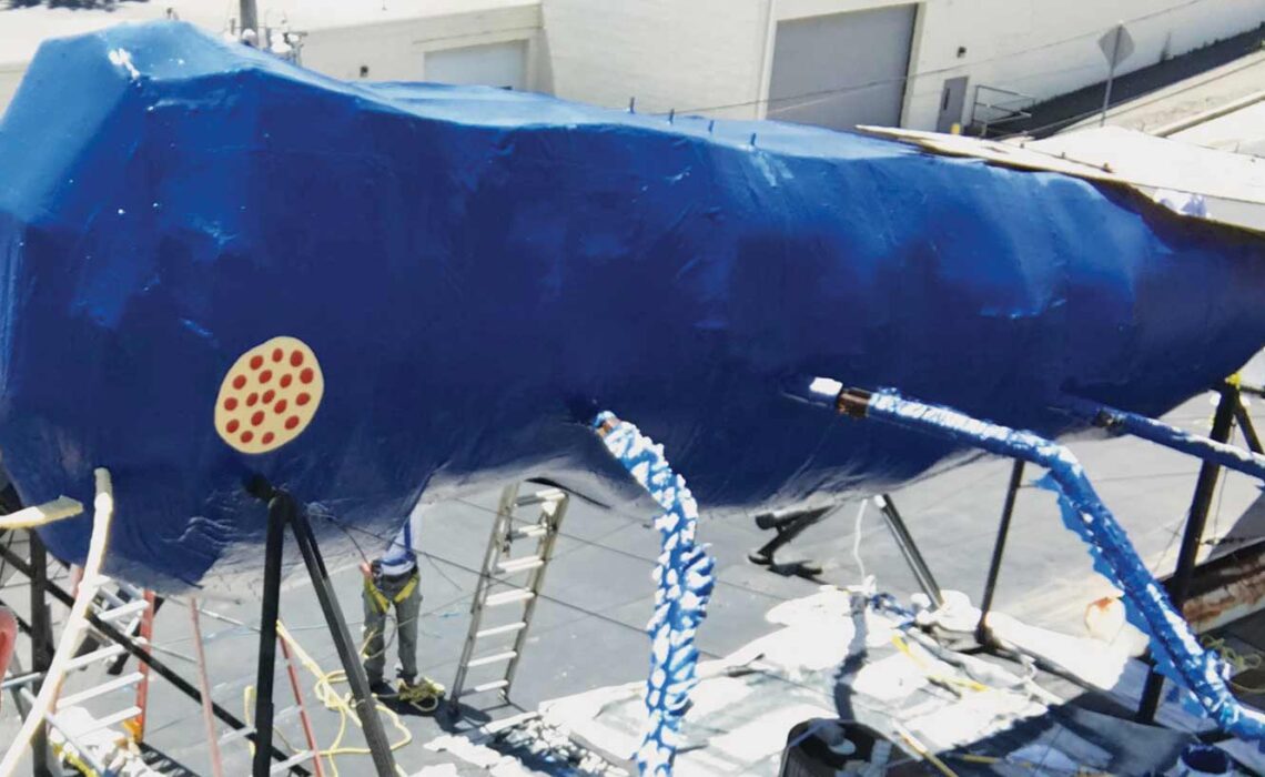 the newly restored Big Blue Bug, 58 foot long mascot of a pest control company in Providence, Rhode Island since 1980