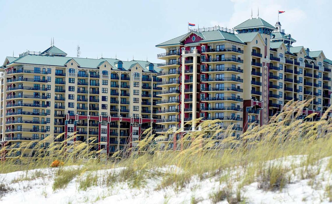the newly repainted Emerald Grande resort on the Gulf of Mexico