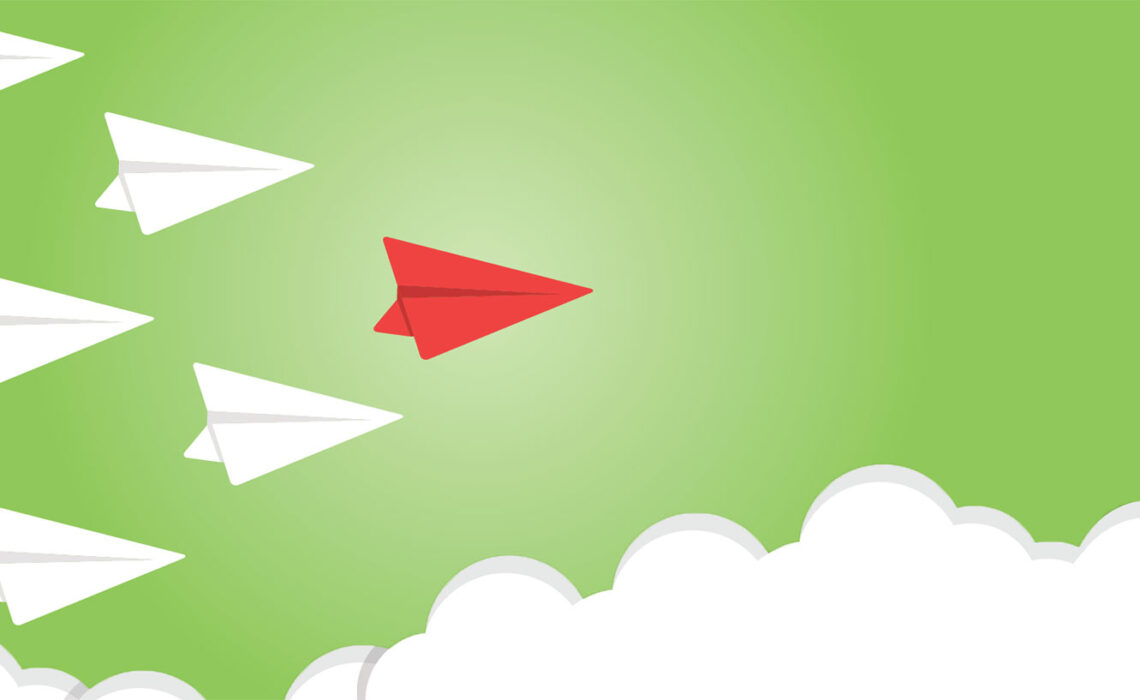 illustration of six paper airplanes being led in formation