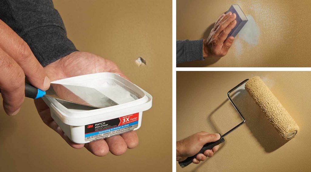 3 images show how to patch, sand and touch-up paint a damaged wall