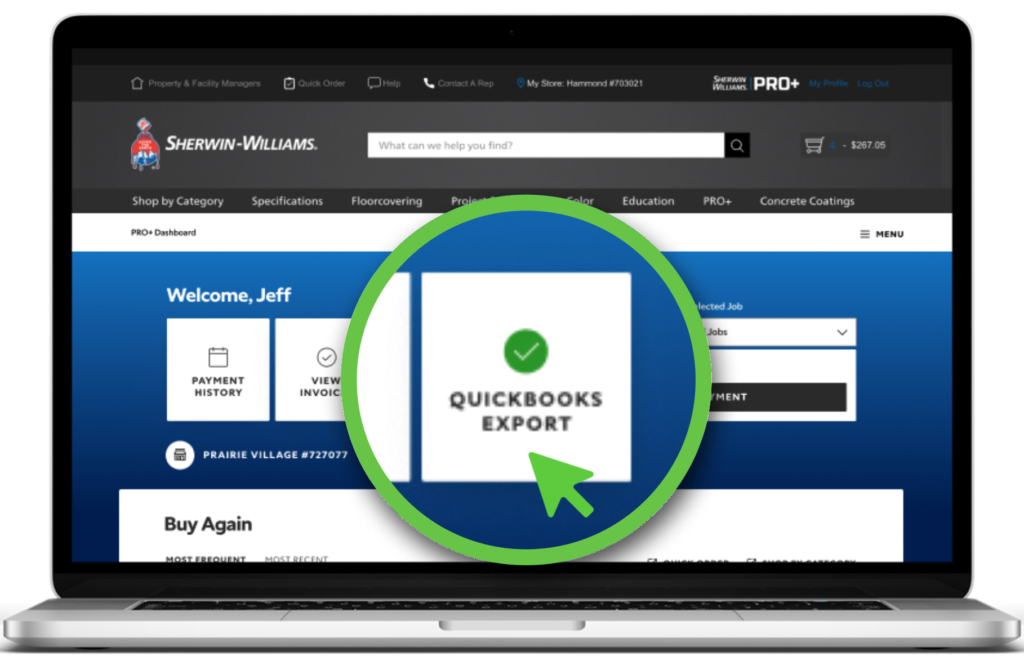 Example of QuickBooks connection with Sherwin-Williams PRO+ account